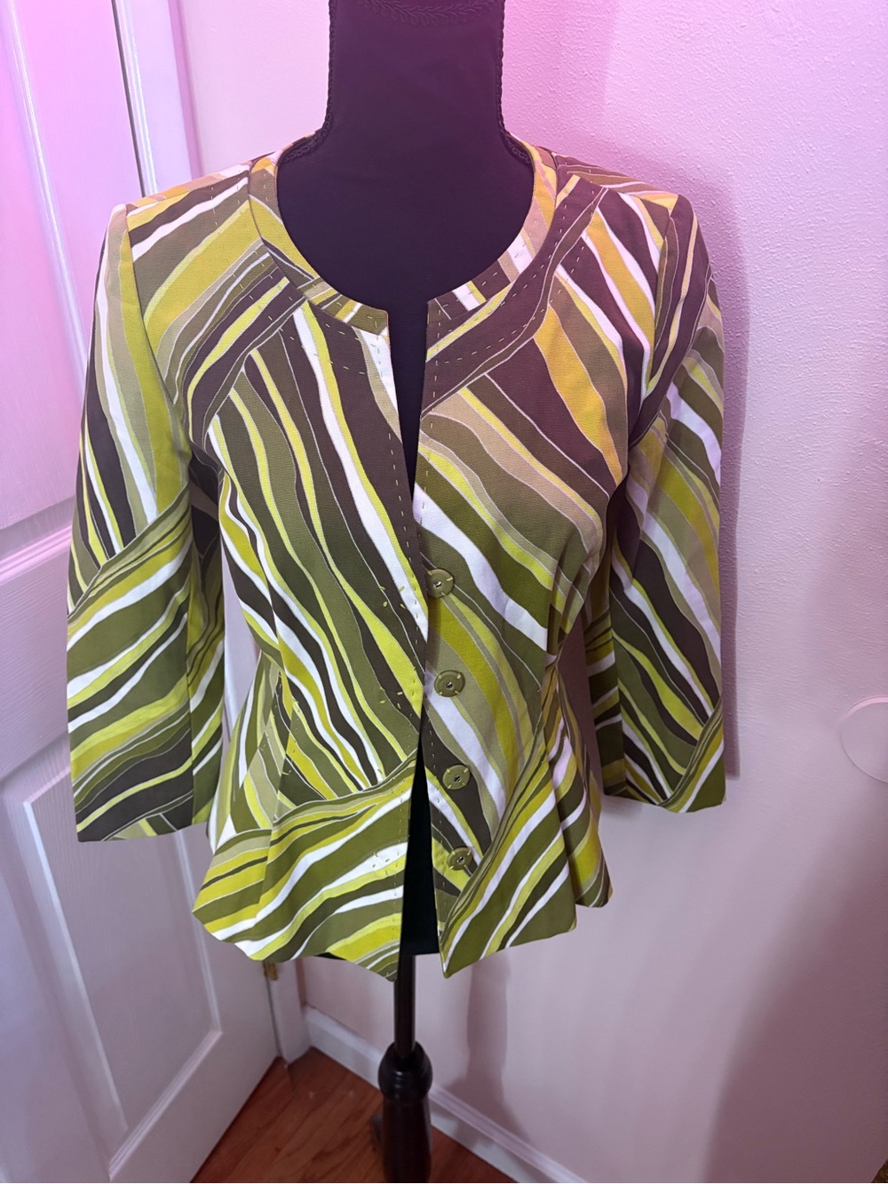 Lafayette 148 New York Cotton Olive and White Striped Blazer